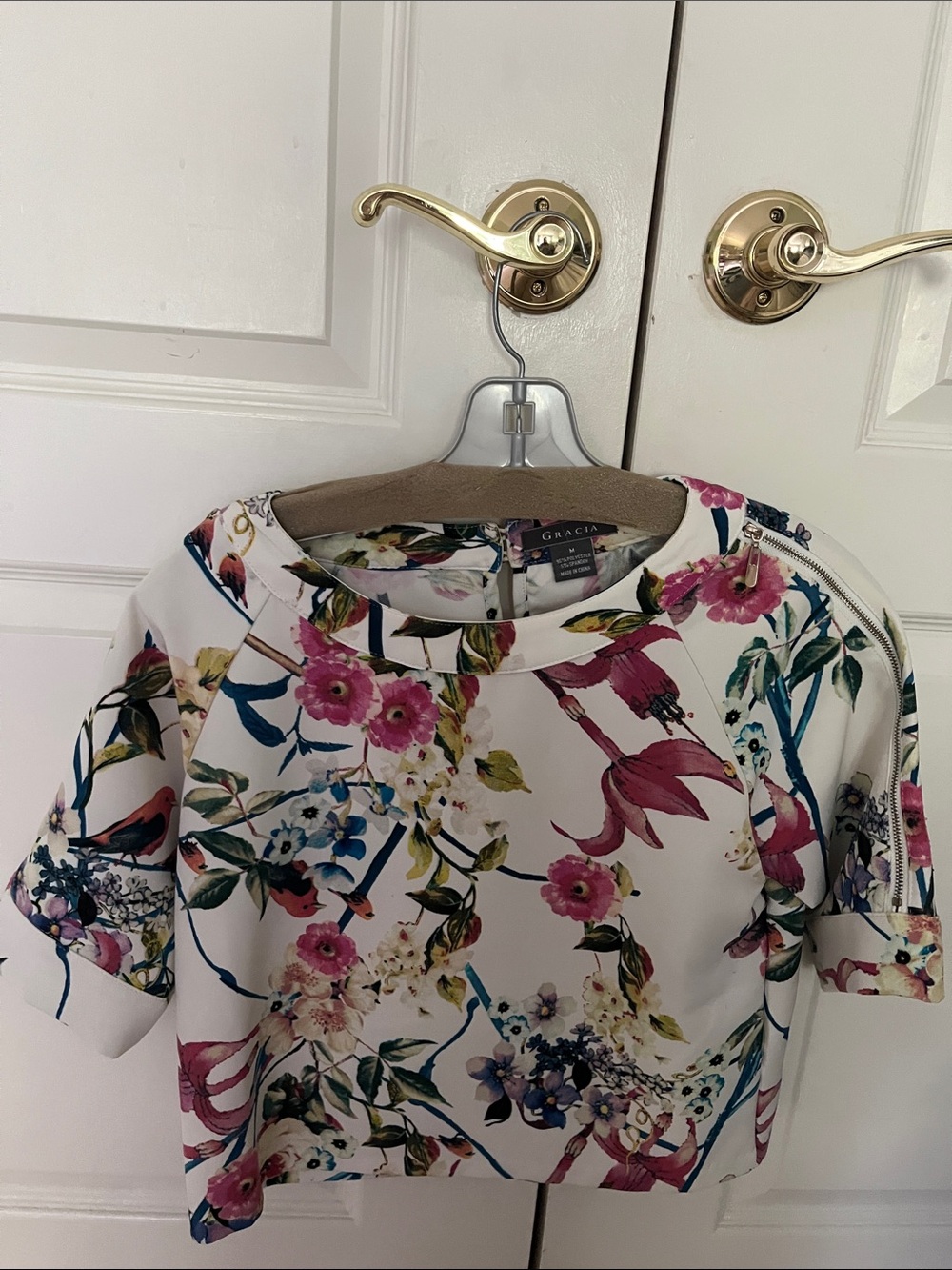 Gracia White Floral Crop Top with Pink & Green Print
